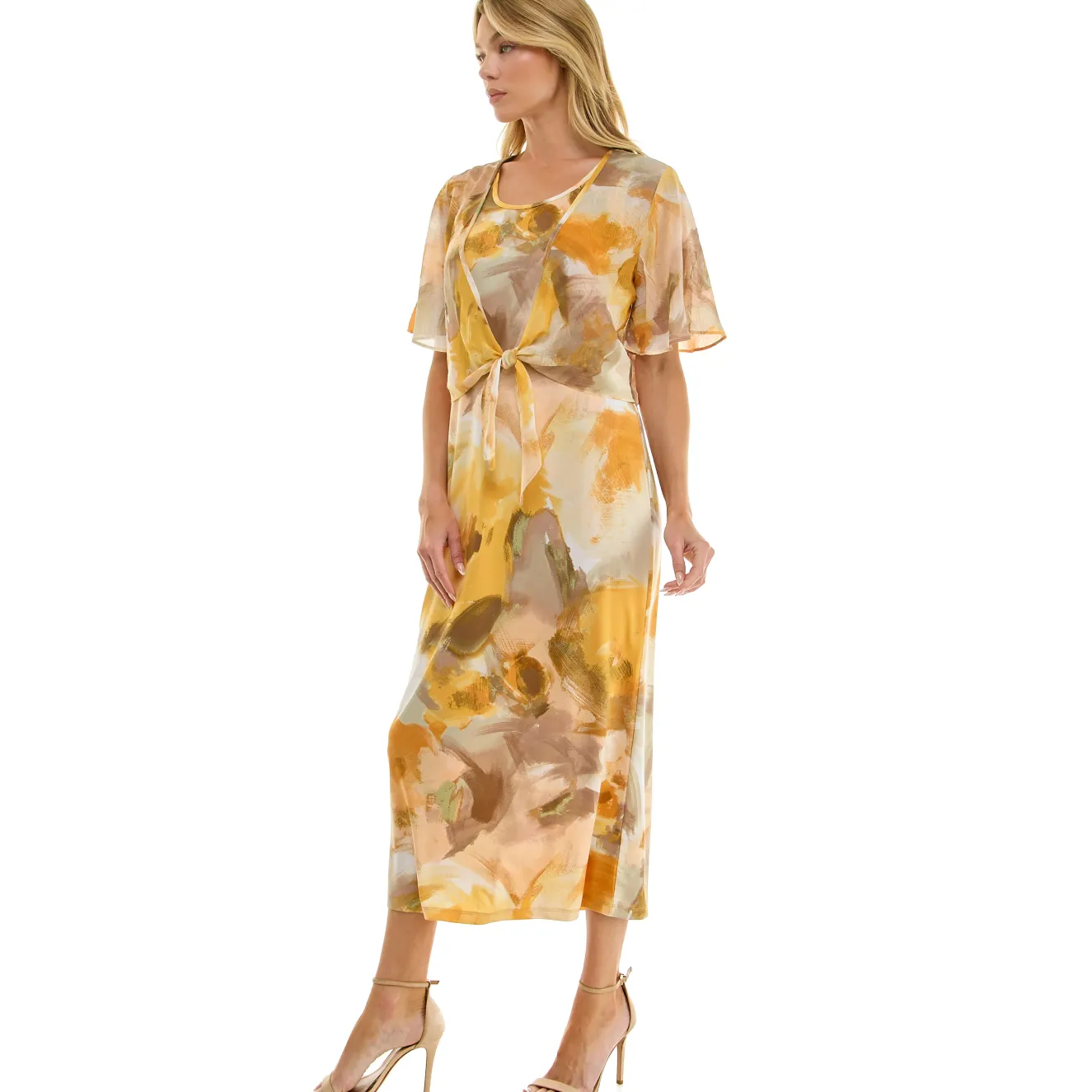 Sleeveless Maxi Dress With Separate Front Tie Shrug In Sage/Yellow/Taupe