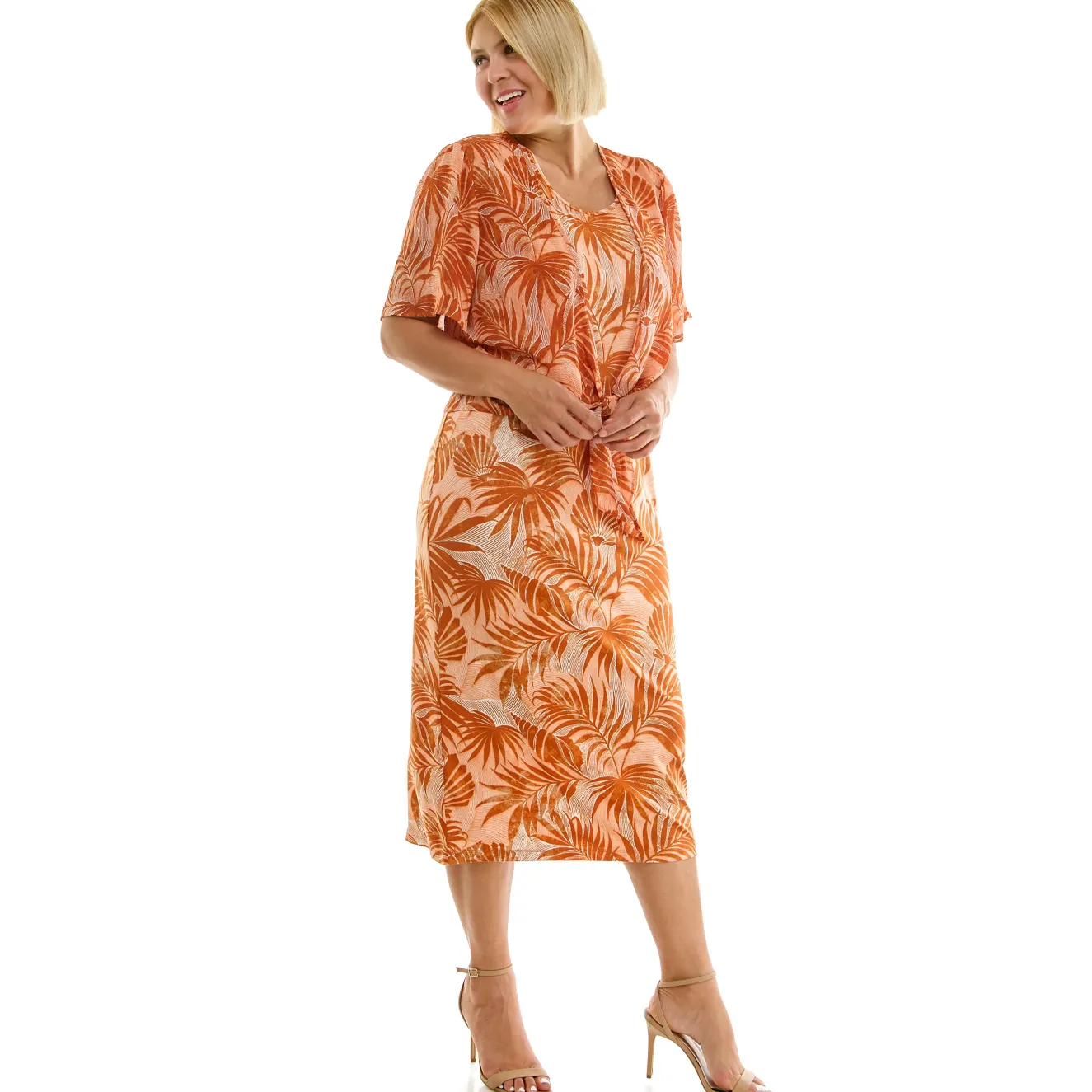 Sleeveless Maxi Dress With Separate Front Tie Shrug In Clay/Rust/Ivory - Plus