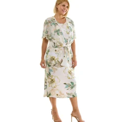 Sleeveless Maxi Dress With Separate Front Tie Shrug In Cream/Green/Taupe - Plus