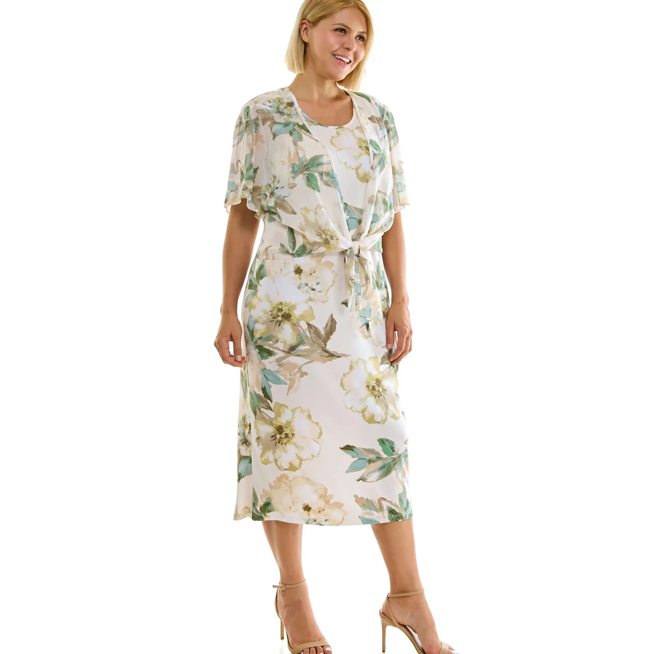 Sleeveless Maxi Dress With Separate Front Tie Shrug In Cream/Green/Taupe - Plus