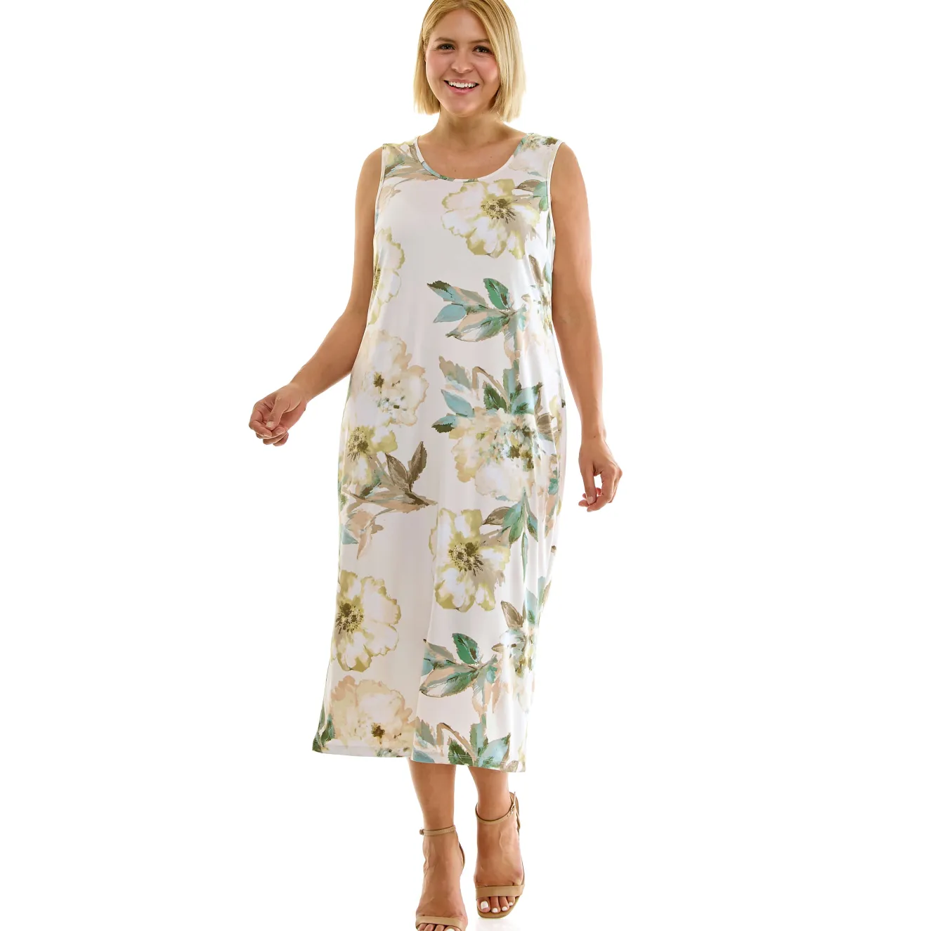 Sleeveless Maxi Dress With Separate Front Tie Shrug In Cream/Green/Taupe - Plus