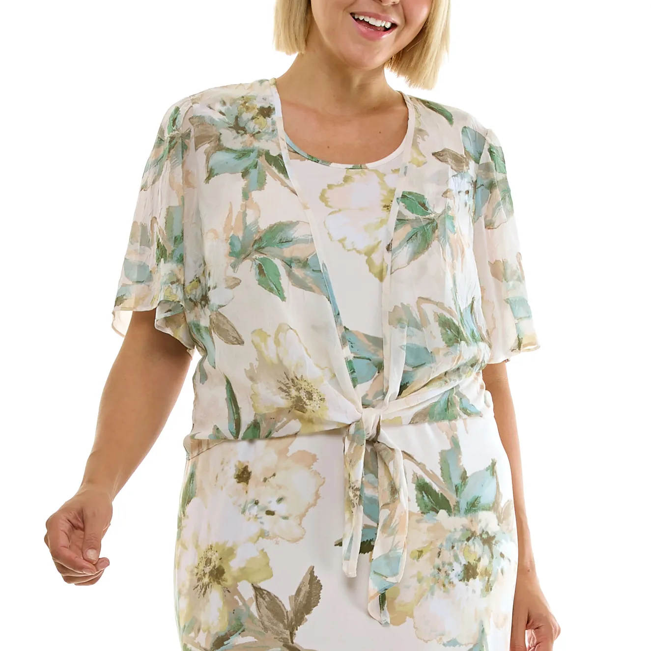 Sleeveless Maxi Dress With Separate Front Tie Shrug In Cream/Green/Taupe - Plus