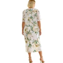 Sleeveless Maxi Dress With Separate Front Tie Shrug In Cream/Green/Taupe - Plus