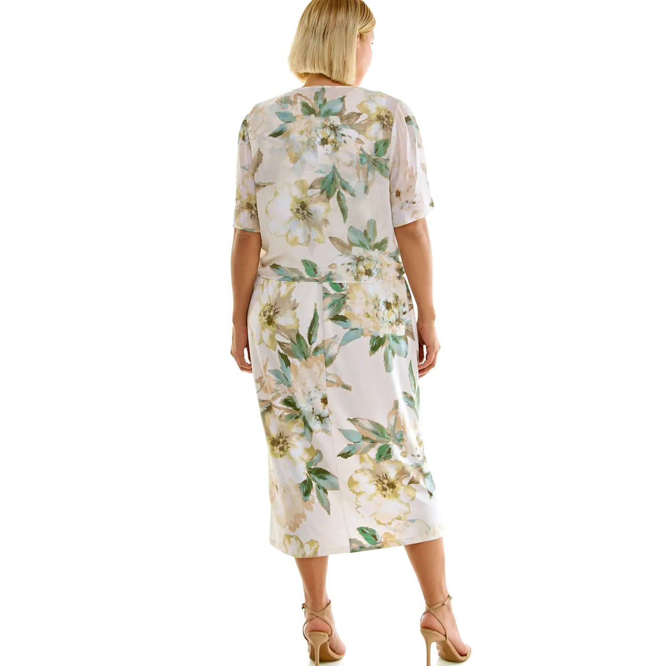 Sleeveless Maxi Dress With Separate Front Tie Shrug In Cream/Green/Taupe - Plus