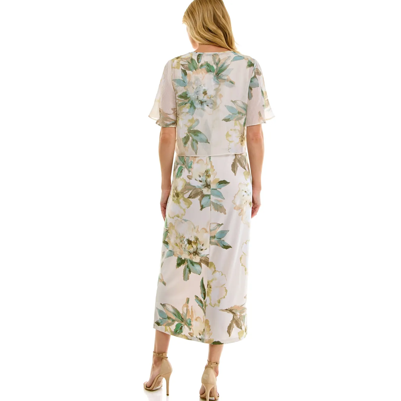 Sleeveless Maxi Dress With Separate Front Tie Shrug In Cream/Green/Taupe