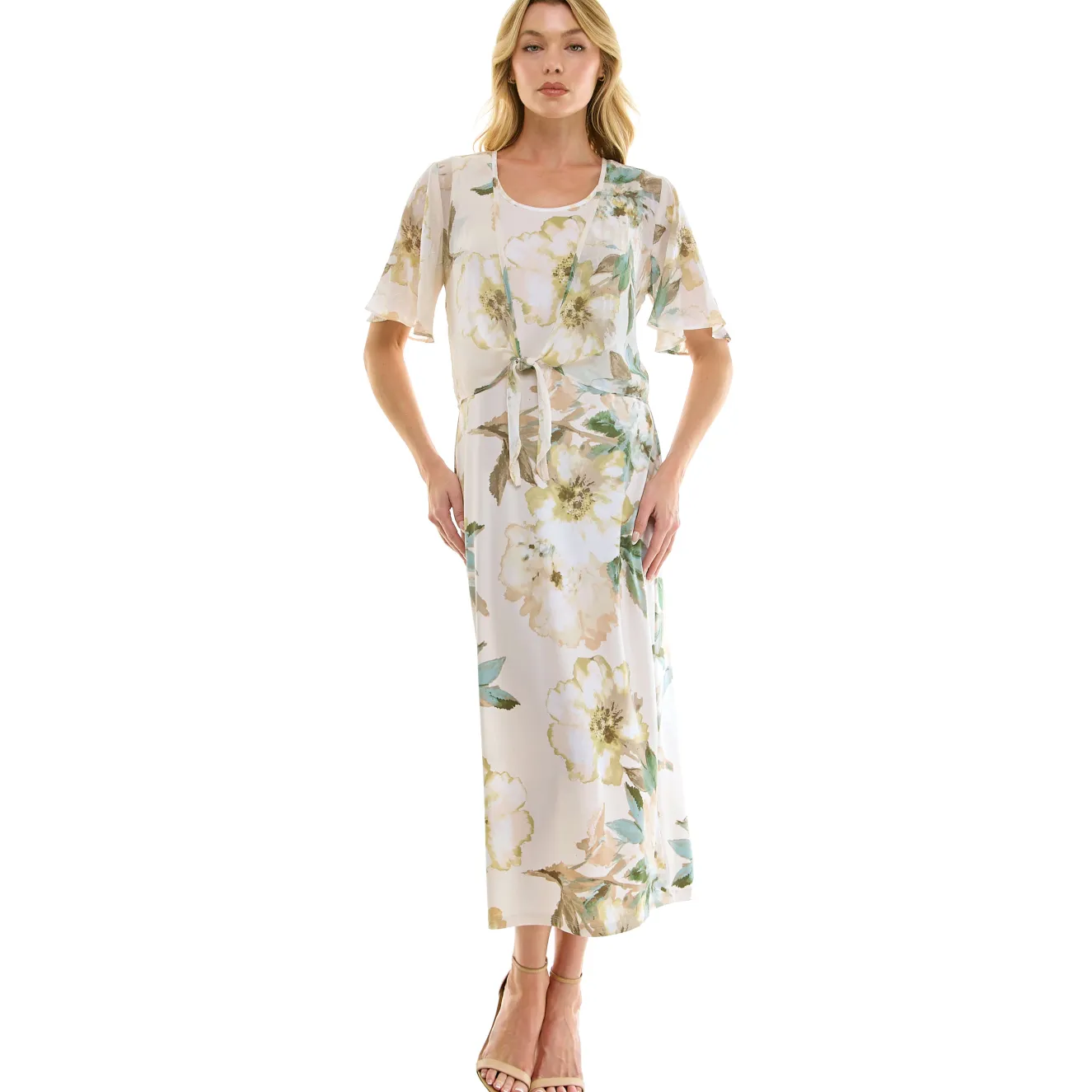 Sleeveless Maxi Dress With Separate Front Tie Shrug In Cream/Green/Taupe