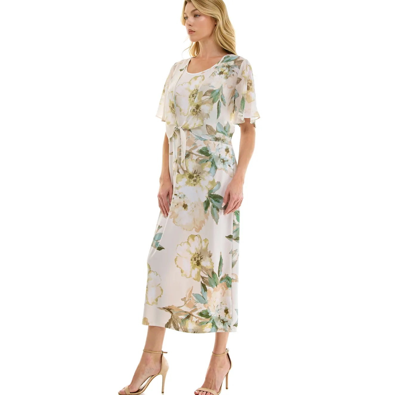 Sleeveless Maxi Dress With Separate Front Tie Shrug In Cream/Green/Taupe