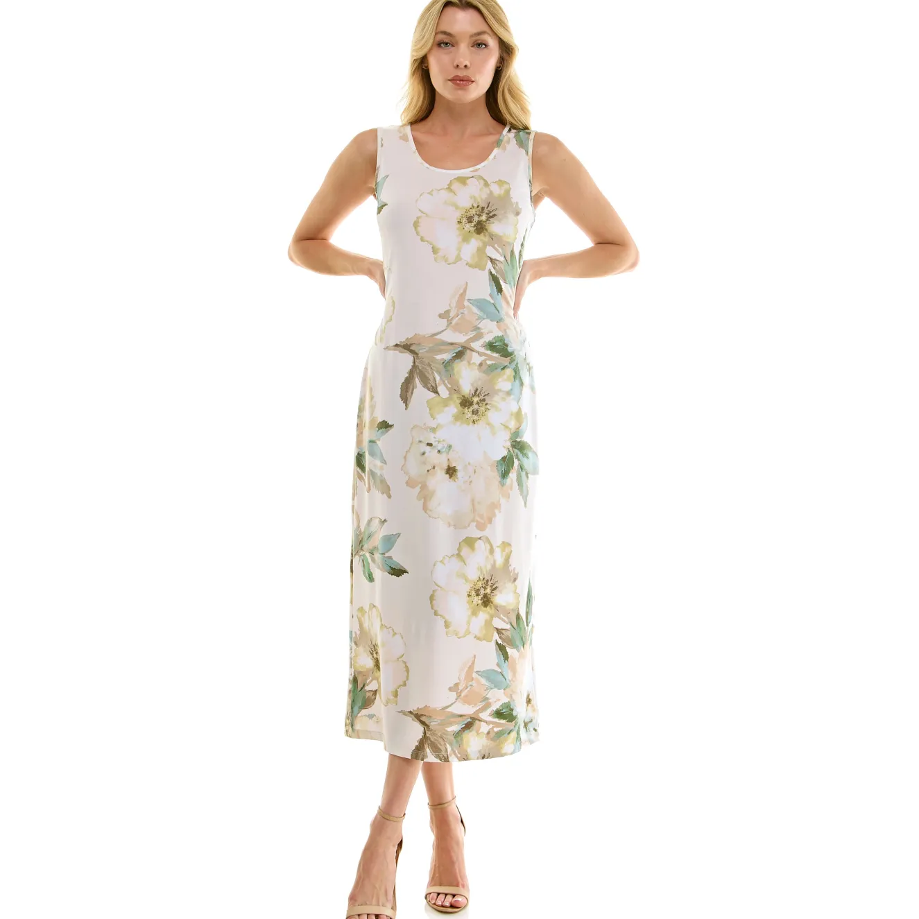 Sleeveless Maxi Dress With Separate Front Tie Shrug In Cream/Green/Taupe