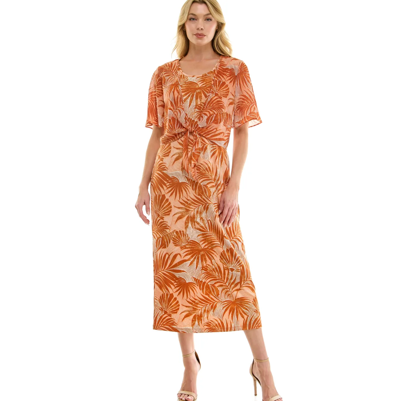 Sleeveless Maxi Dress With Separate Front Tie Shrug In Clay/Rust/Ivory