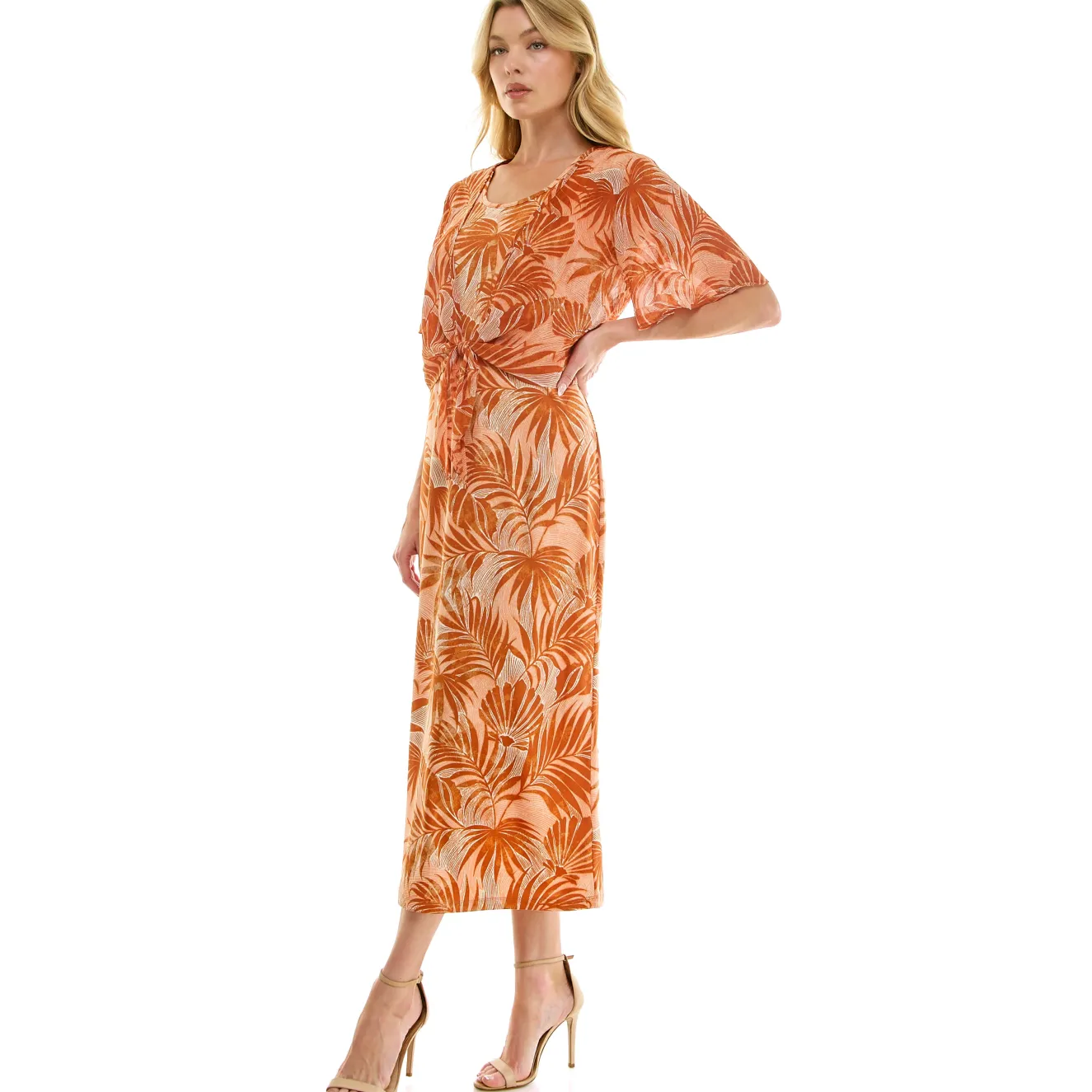Sleeveless Maxi Dress With Separate Front Tie Shrug In Clay/Rust/Ivory