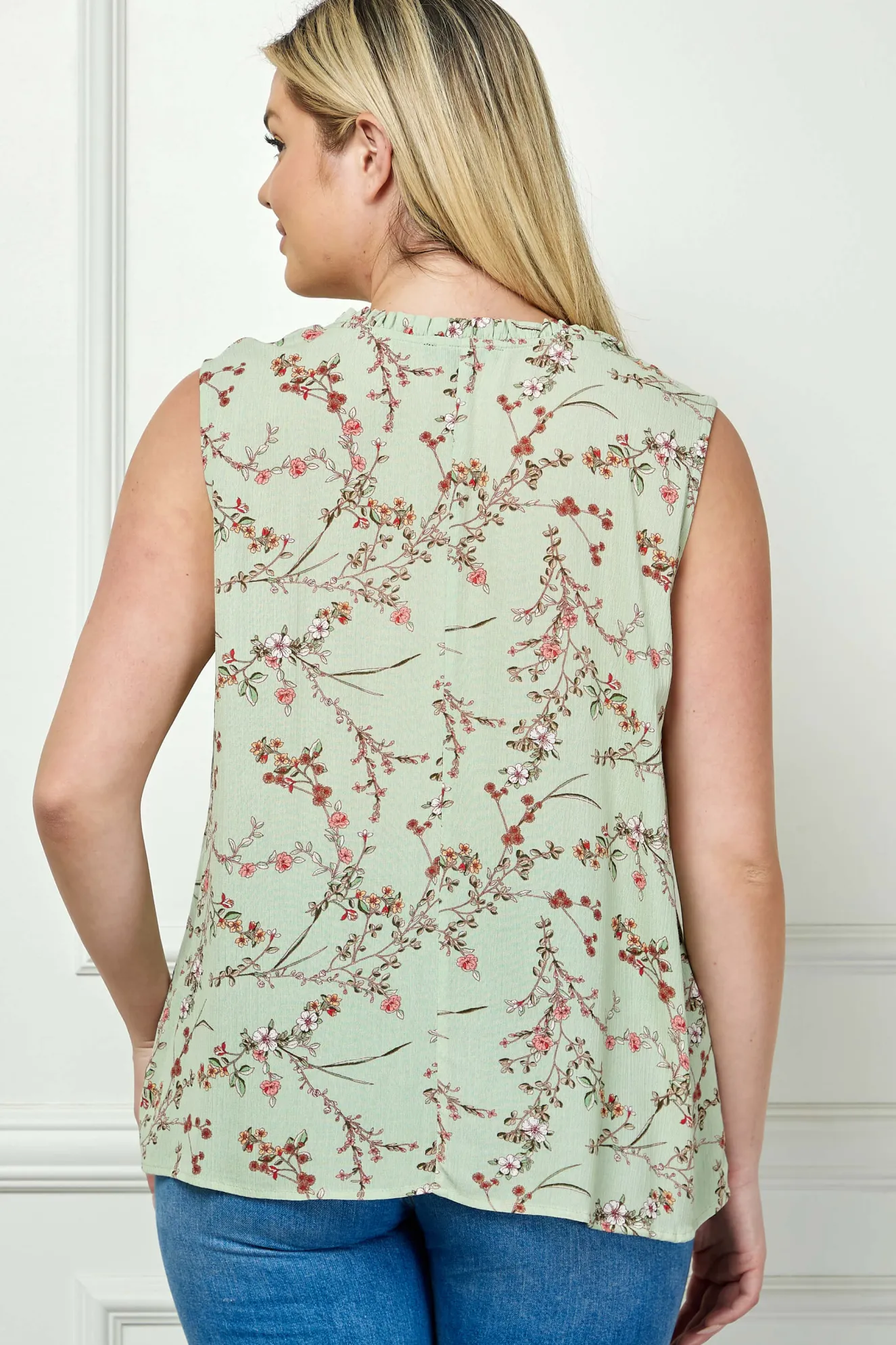 Sleeveless Ruffle Neck Tassel Blouse in Sage - Plus
