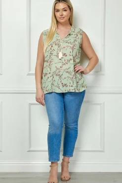 Sleeveless Ruffle Neck Tassel Blouse in Sage - Plus