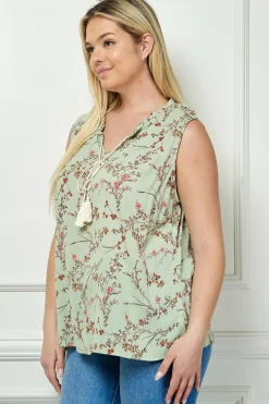 Sleeveless Ruffle Neck Tassel Blouse in Sage - Plus