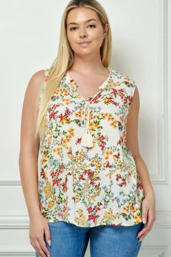 Sleeveless Ruffle Neck Tassel Blouse in Ivory - Plus