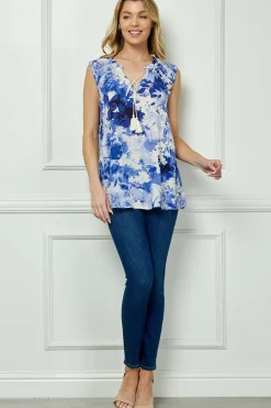 Sleeveless Ruffle Split Neck Tassel Blouse in Tan/Blue