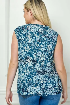 Sleeveless Ruffle Split Neck Tassel Blouse in Navy/Blue - Plus