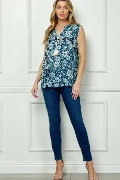 Sleeveless Ruffle Split Neck Tassel Blouse in Navy/Blue