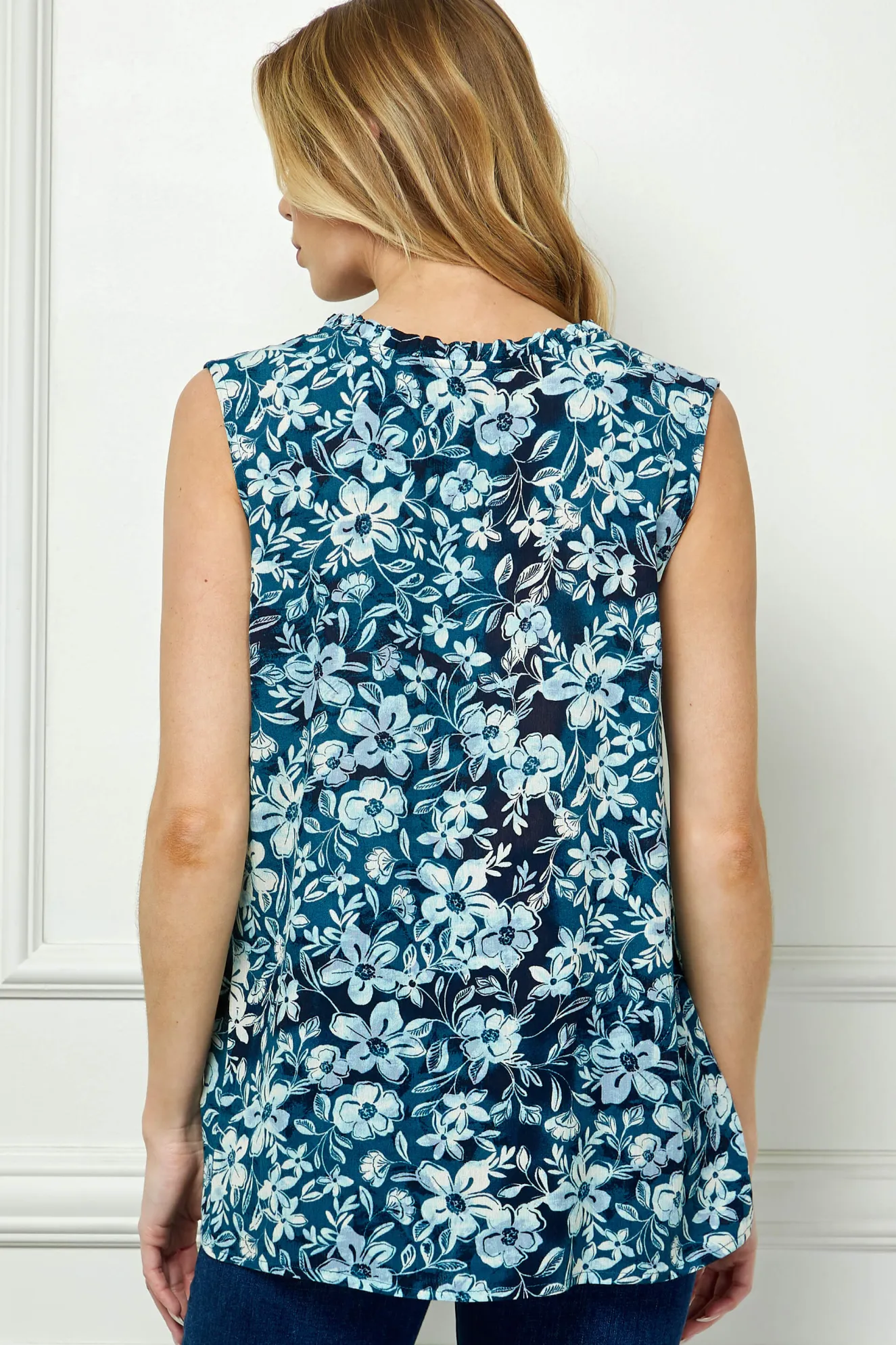 Sleeveless Ruffle Split Neck Tassel Blouse in Navy/Blue