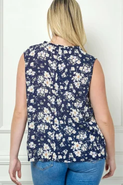Sleeveless Ruffle Split Neck Tassel Blouse in Navy - Plus