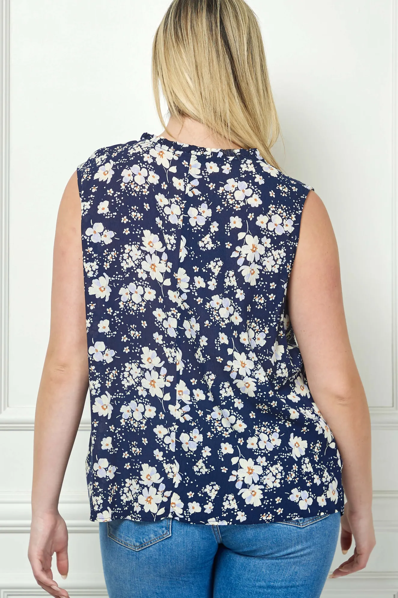 Sleeveless Ruffle Split Neck Tassel Blouse in Navy - Plus