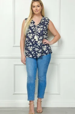 Sleeveless Ruffle Split Neck Tassel Blouse in Navy - Plus