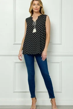 Sleeveless Ruffle Split Neck Tassel Blouse in Black