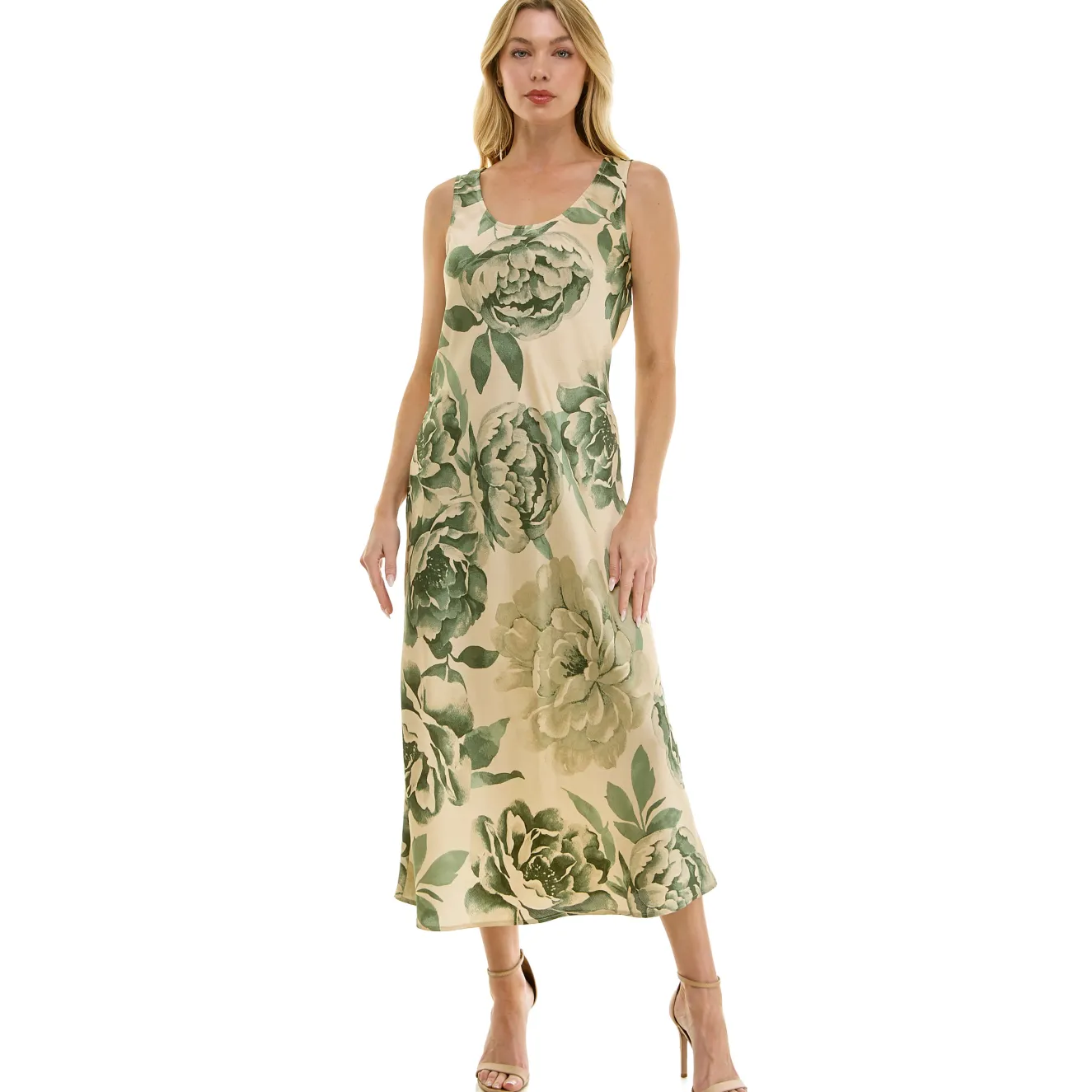 Sleeveless Scoop Neck Maxi Dress In Tan/Olive/Green