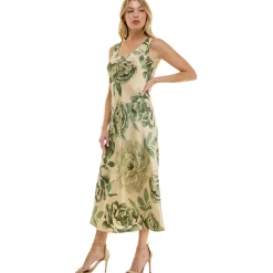 Sleeveless Scoop Neck Maxi Dress In Tan/Olive/Green