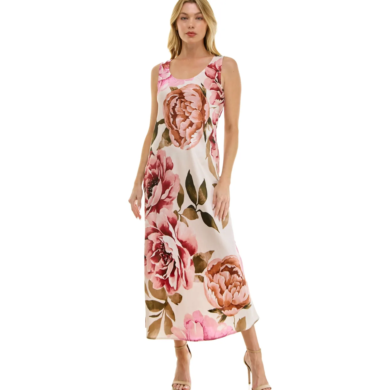 Sleeveless Scoop Neck Maxi Dress In Cream/Rust/Mauve