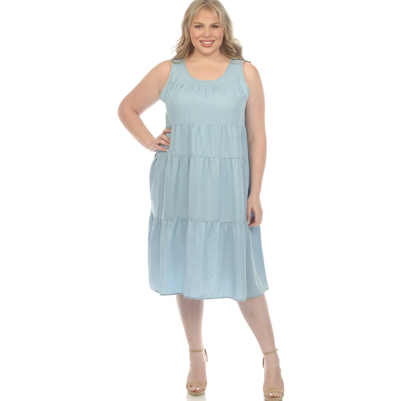 Sleeveless Tiered Chambray Midi Dress - Plus