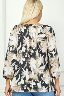 3/4 Sleeve Mandarin Collar Popover Blouse - Plus