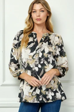 3/4 Sleeve Mandarin Collar Popover Blouse