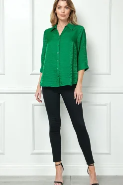 3/4 Sleeve Notch Button-Front Shirt, Green
