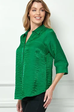 3/4 Sleeve Notch Button-Front Shirt, Green