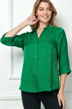 3/4 Sleeve Notch Button-Front Shirt, Green