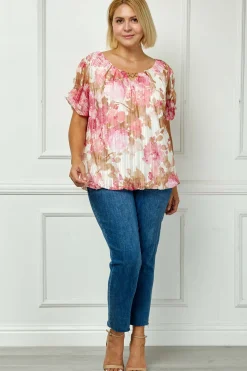 Step Sleeve Cutout Neck Ring Trim Bubble Blouse in Ivory/Pink - Plus