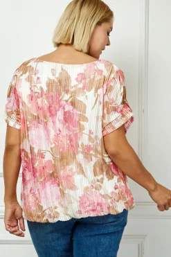 Step Sleeve Cutout Neck Ring Trim Bubble Blouse in Ivory/Pink - Plus