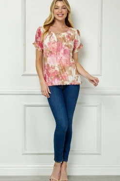 Step Sleeve Cutout Neck Ring Trim Bubble Blouse in Ivory/Pink