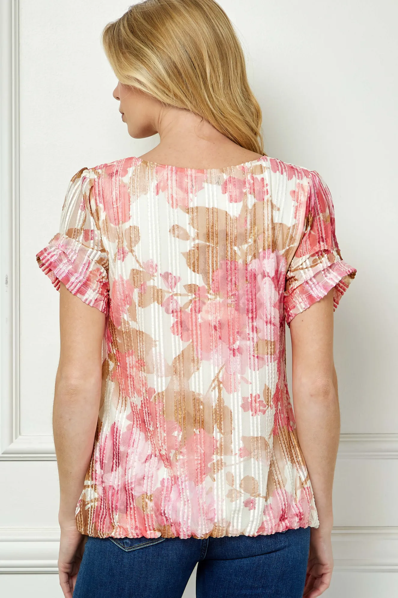 Step Sleeve Cutout Neck Ring Trim Bubble Blouse in Ivory/Pink