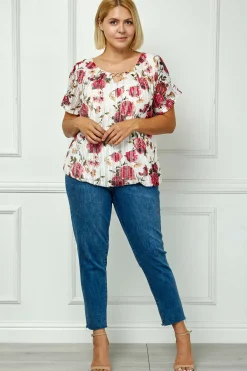Step Sleeve Cutout Neck Ring Trim Bubble Blouse in Ivory - Plus