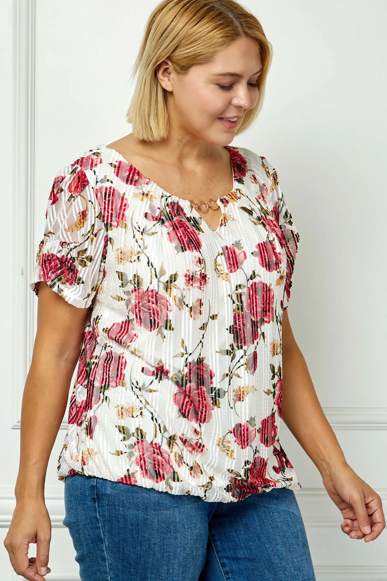 Step Sleeve Cutout Neck Ring Trim Bubble Blouse in Ivory - Plus