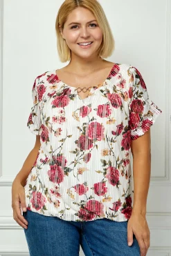 Step Sleeve Cutout Neck Ring Trim Bubble Blouse in Ivory - Plus