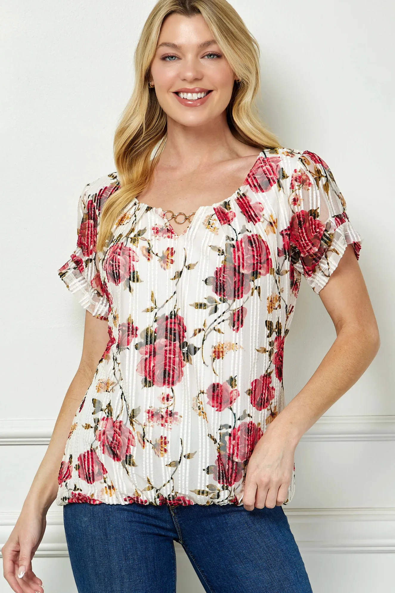 Step Sleeve Cutout Neck Ring Trim Bubble Blouse in Ivory