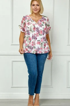 Step Sleeve Cutout Trim Bubble Blouse in Pink - Plus