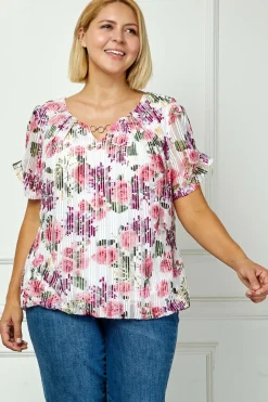 Step Sleeve Cutout Trim Bubble Blouse in Pink - Plus