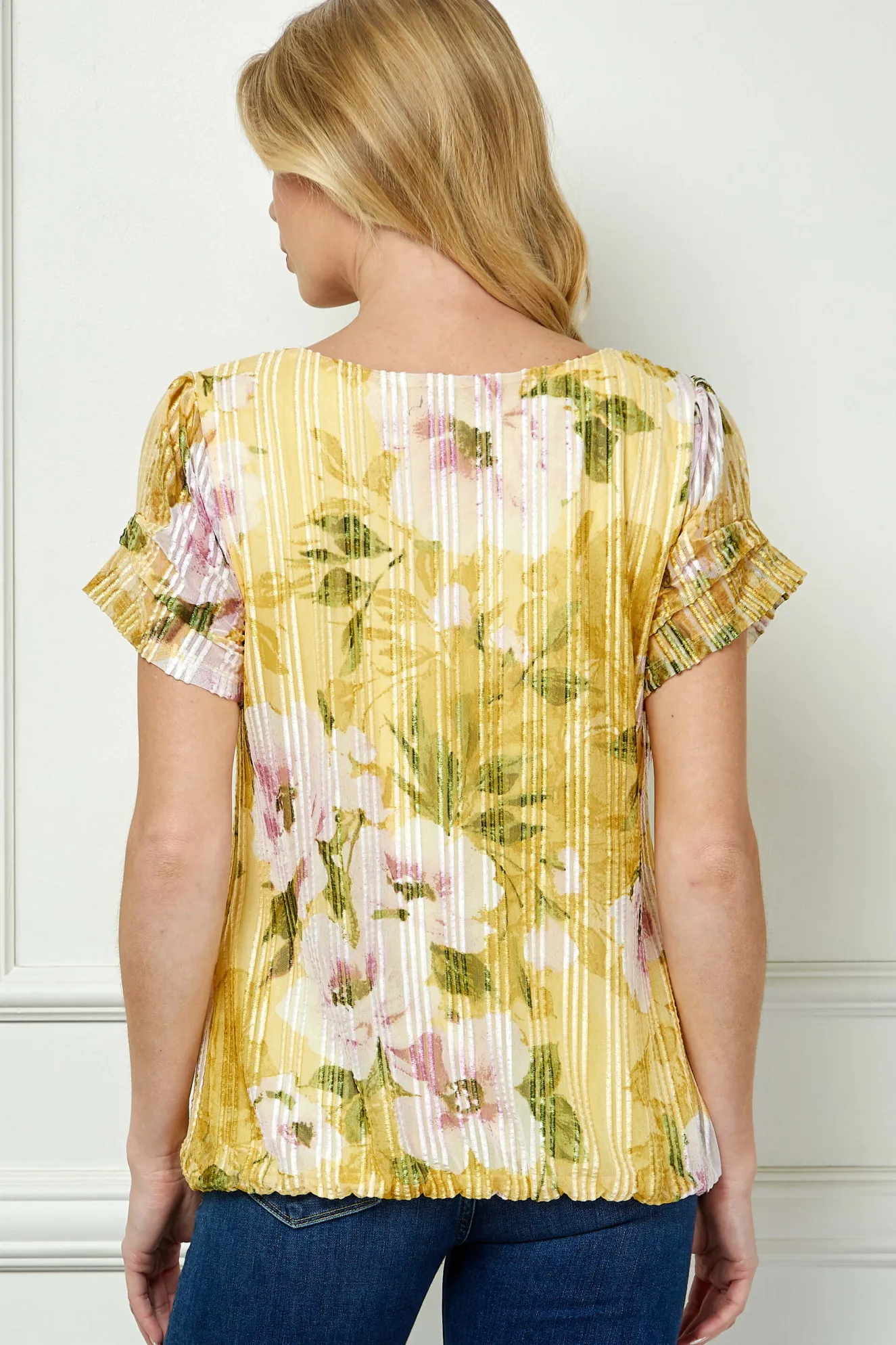 Step Sleeve Cutout Trim Bubble Blouse in Yellow