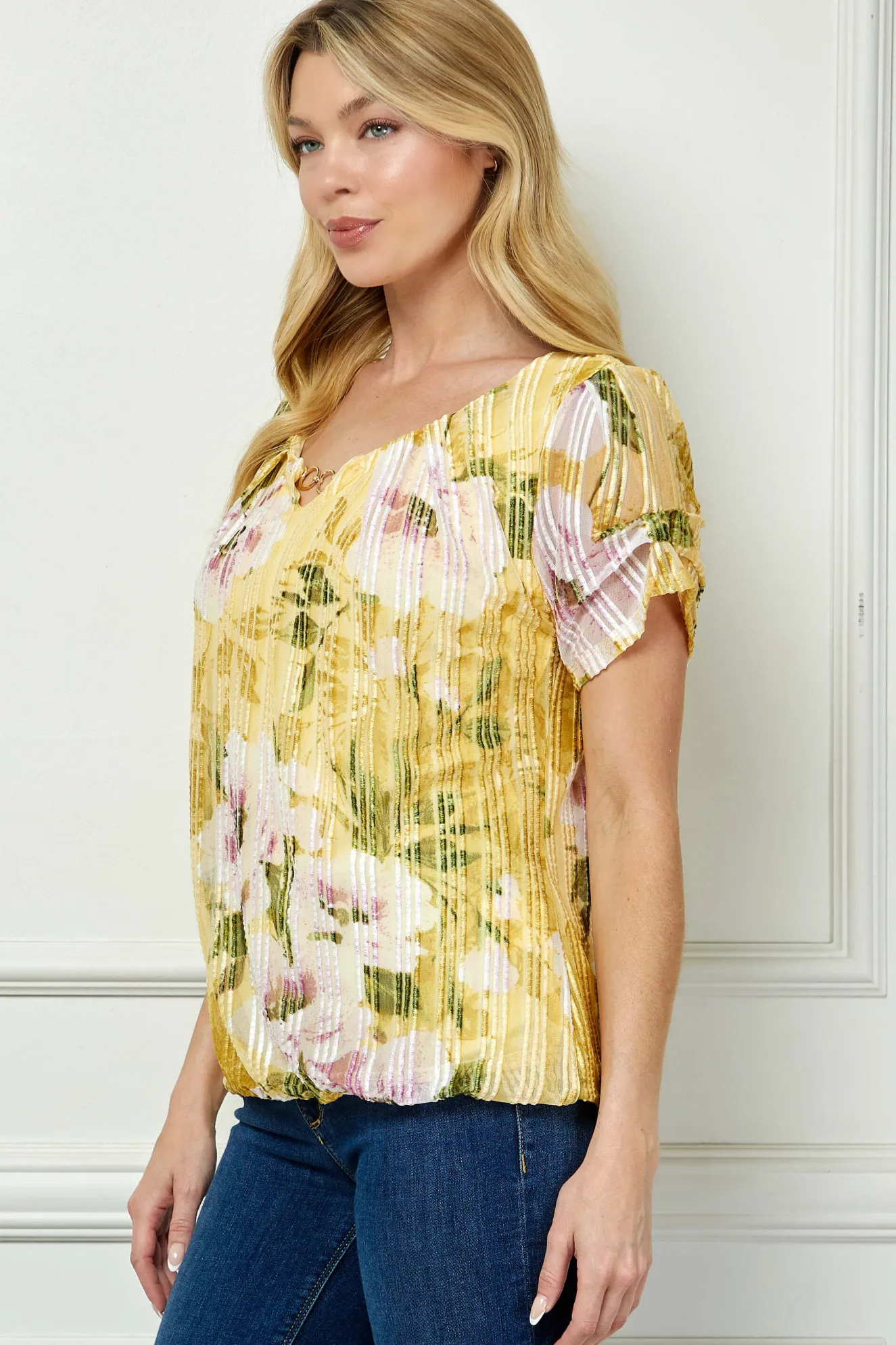 Step Sleeve Cutout Trim Bubble Blouse in Yellow