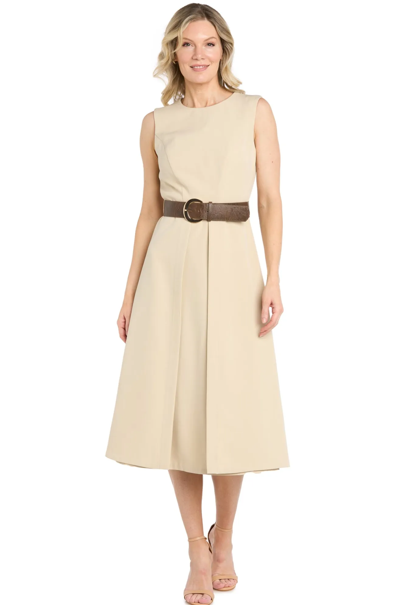 Stretch Twill Midi Dress with Split Skirt and Belt