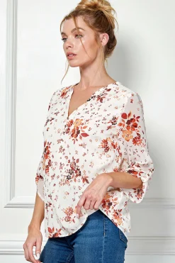 3/4 Tab Sleeve Mandarin Collar Popover Blouse in Ivory/Burgundy/Rust