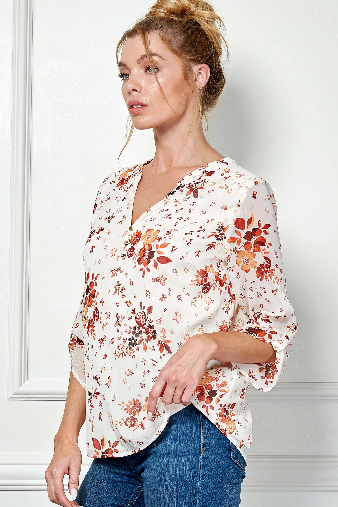 3/4 Tab Sleeve Mandarin Collar Popover Blouse in Ivory/Burgundy/Rust